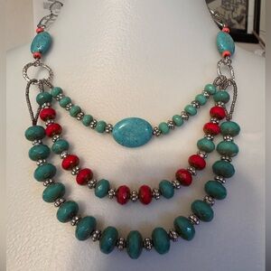 2 Piece Set Torquise Necklace W/ Faux Torquise Silver Played Cuff Bracelet